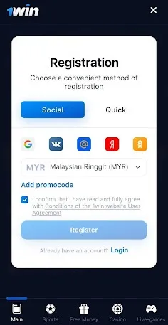 registration in 1win application Thailand